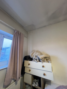 Bedroom view showing the extent of ceiling staining and mould at the wall-to-ceiling junction.
