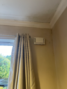 Upper corner adjacent to the window showing mould growth at the ceiling/wall junction, with the wall-mounted appliance visible.